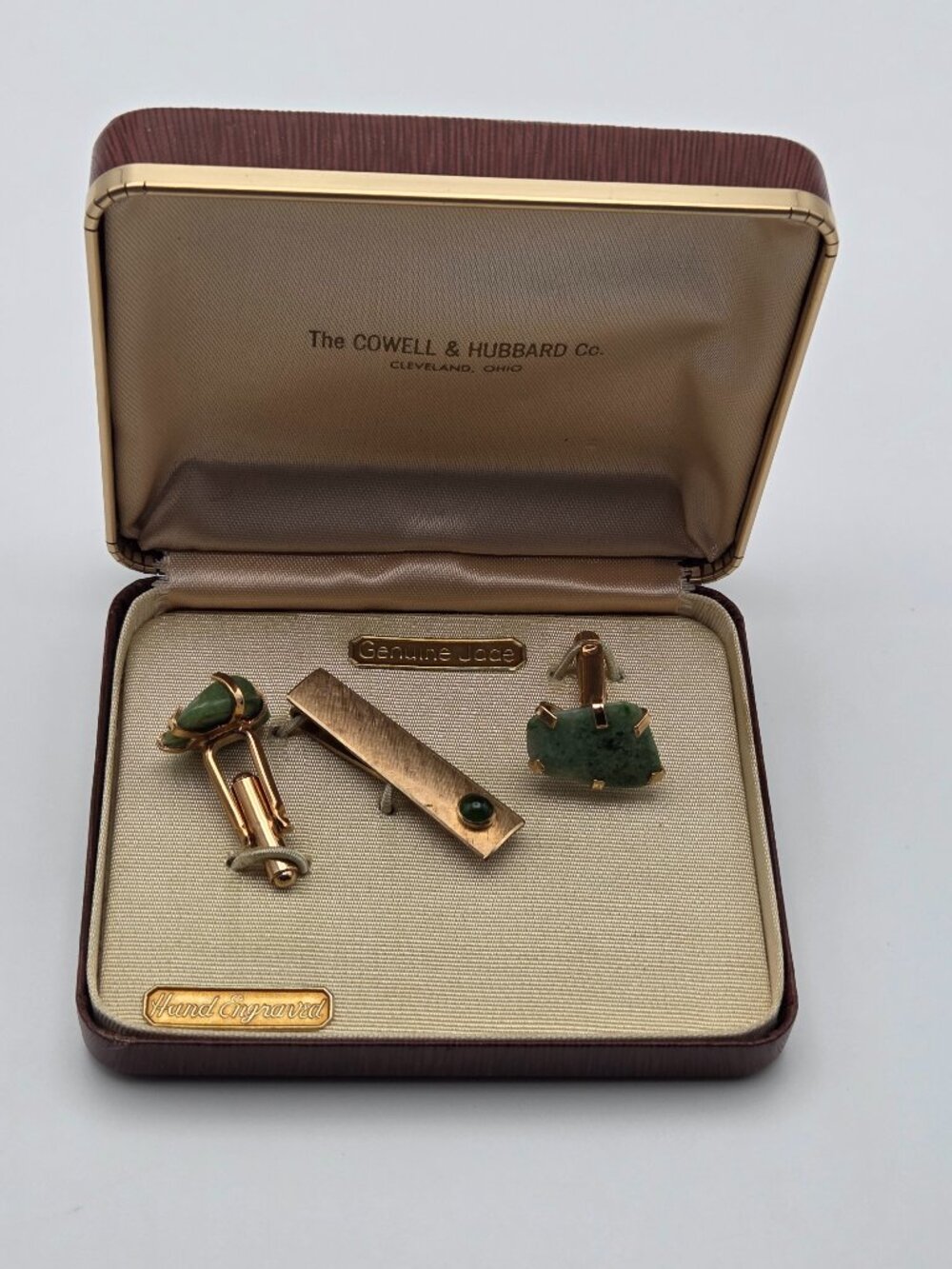 Vintage Jade Cufflinks & 14K Gold Filled Tie Bar w/ Original Box